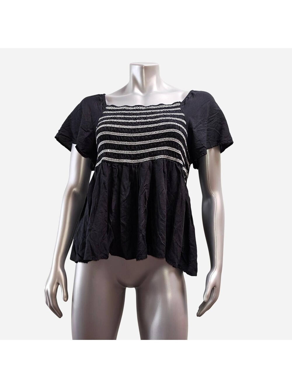 SO Goods for Life Black Babydoll Top Women XL Smocked Embroidered Blouse Blk New